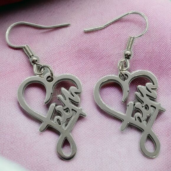Faith Script Heart Stainless Steel Dangle Earrings Christian Religious Jewelry - Picture 4 of 7